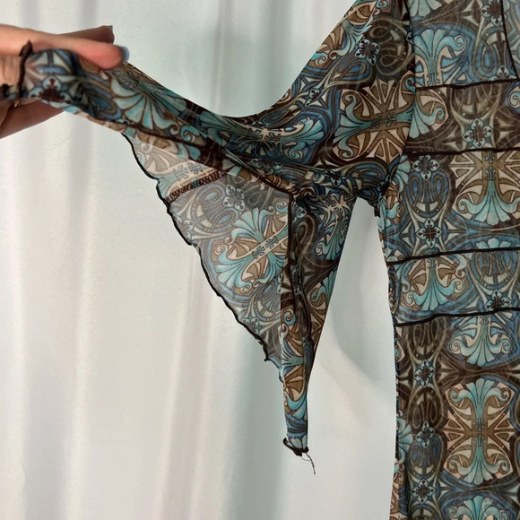 Brown, Tan & Blue Geometric Pattern Sheer Square Neck Dress or Cover-Up - Picture 10 of 10